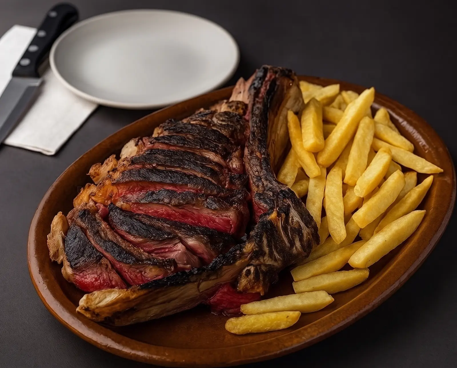Chuletón a la brasa cortado en tiras sobre fuente de barro, con patatas fritas