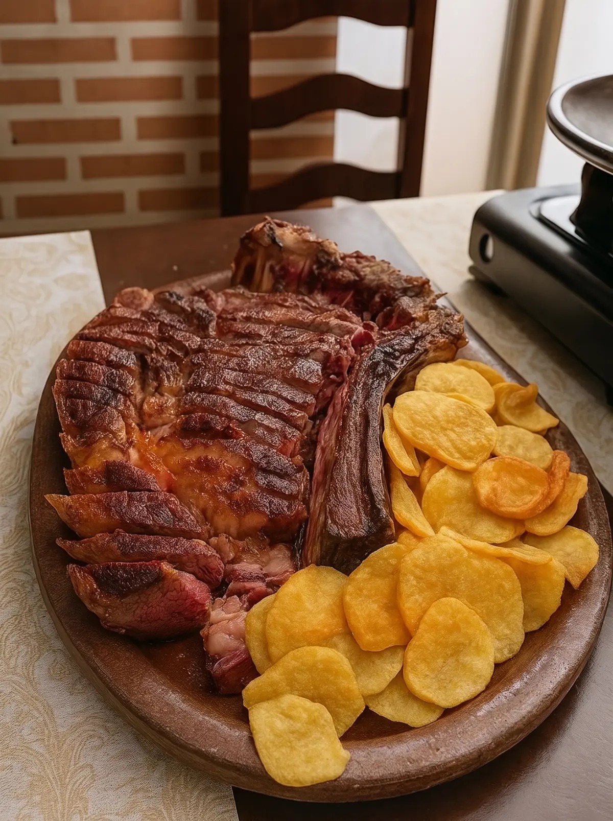 Chuletón cortado con patatas en la mesa, junto al hornillo para terminar el punto