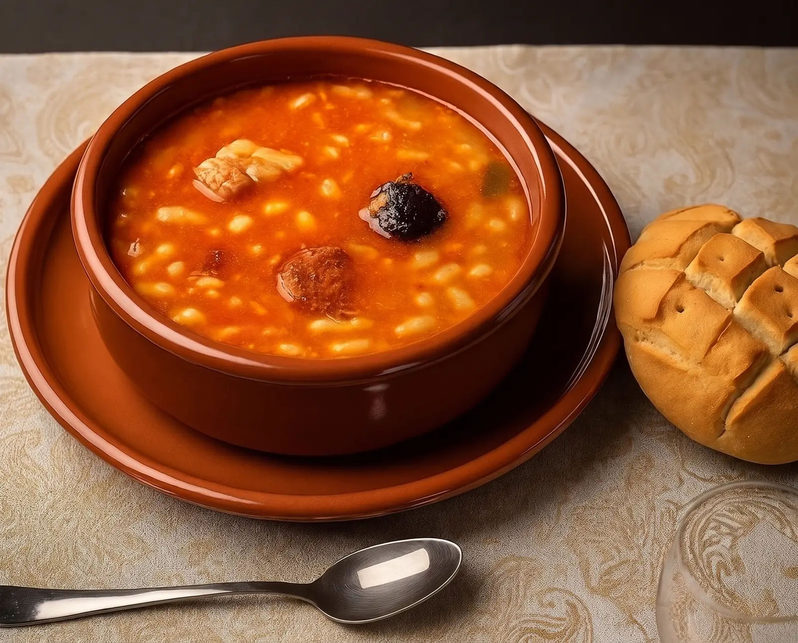 Cazuela de barro con un guiso de alubias, pan y cuchara sobre mantel