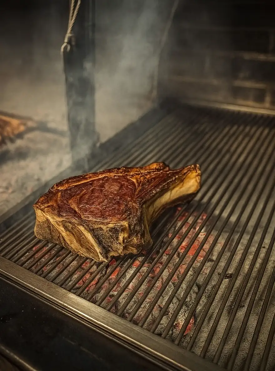 Chuletón con hueso sobre la parrilla de brasa del restaurante